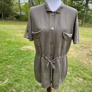 LES COPAINS SWEATER CARDIGAN GREEN OPEN KNIT SHORT SLEEVE BUTTON FRONT 48 12